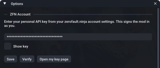 The in-game Options panel with the API key entry field